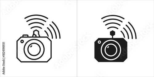 Wireless camera icon set showing outline and filled versions with signal waves, isolated on