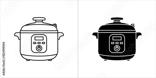 Modern electric pressure cooker icons in outline and solid style for kitchen and food preparation
