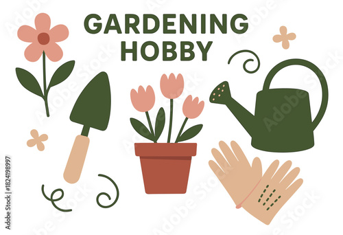 Gardening hobby elements with watering can, trowel, flowers, and gloves