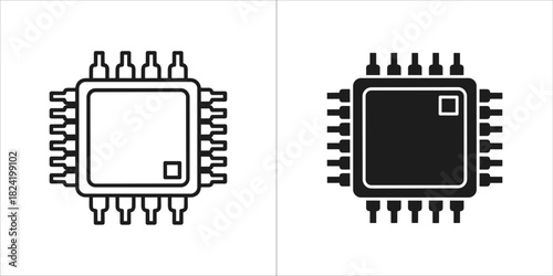 Microchip icon set showing both outline and filled versions of a central processing unit