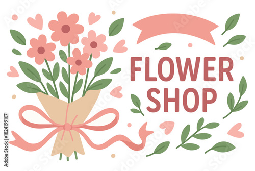 Decorative flower shop sign with pink blossoms and ribbon