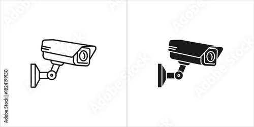 Outline and solid black security camera icons for video surveillance, isolated on