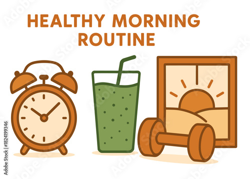 Healthy morning routine with clock, smoothie, and exercise icon
