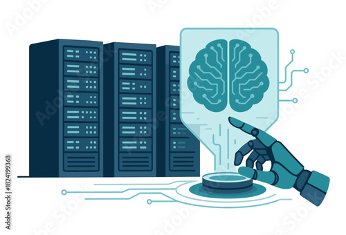 Robotic hand interacts with ai interface in data center environment