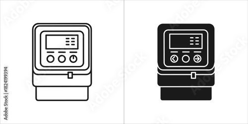 Electronic control panel or smart thermostat device icons, outline and solid black, isolated on