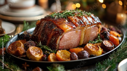 Fototapeta Naklejka Na Ścianę i Meble -  Succulent Roasted Meat with Glaze Surrounded by Colorful Roasted Vegetables and Herbs on Elegant Table During Festive Celebration