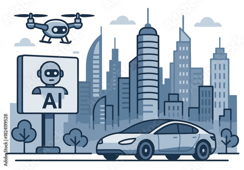Futuristic cityscape with ai drone, autonomous car, and urban skyline