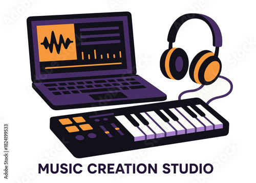 Digital music production setup with laptop, synthesizer, and headphones