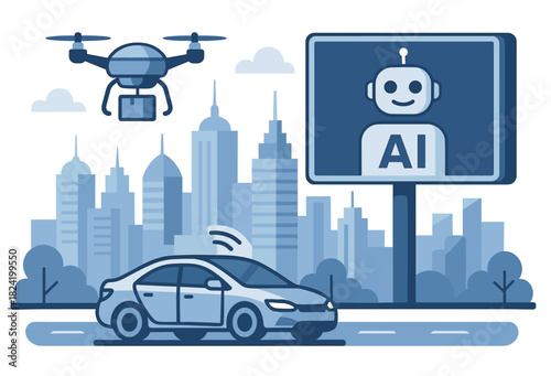 Futuristic city with ai billboard, drone, and autonomous car
