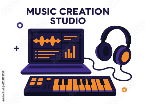 Digital music creation studio with laptop, headphones, and midi keyboard in modern design