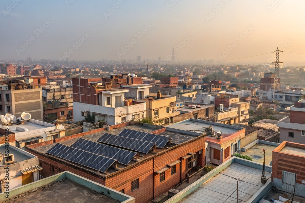 Fototapeta premium Urban Indian Rooftops with Solar Panels at Sunset | Sustainable Cityscape 