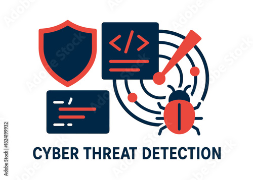 Cyber threat detection illustration with code, shield, and radar icons