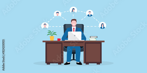 Man in suit working on laptop connecting to remote team members