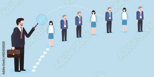 Recruiter inspecting candidates with magnifying glass