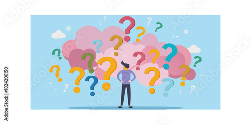 Man surrounded by colorful question marks represents confusion and uncertainty