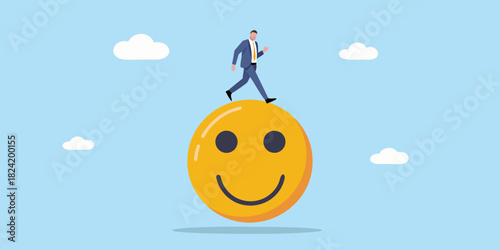 Businessman walking on a giant smiley face icon with clouds