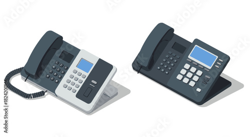 Modern office telephones in isometric style on white background