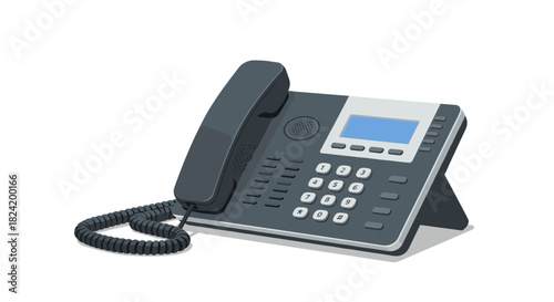 Classic office desk telephone with digital display and keypad on white background