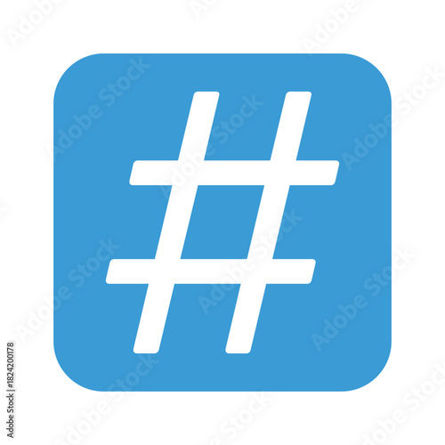 Blue square button with white hashtag symbol for social media tag