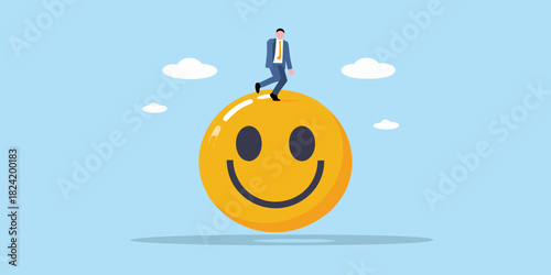 Businessman walking on a giant smiley face in the sky