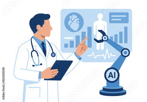 Male doctor using ai in healthcare with robotic assistance and data analytics