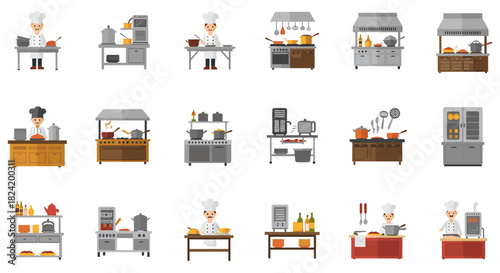Professional kitchen set with chefs and culinary equipment in flat design