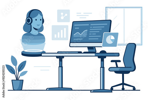 Virtual assistant on screen in modern office with adjustable desk and tech setup