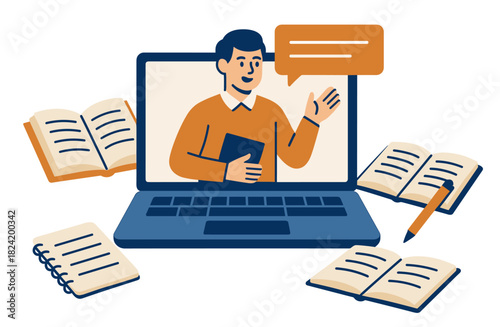 Male teacher on laptop screen giving online lecture with open books and notepad