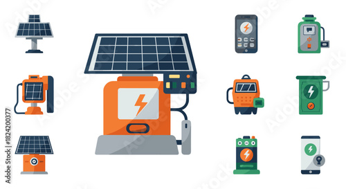 Renewable energy devices: solar panels and electric batteries in modern flat design
