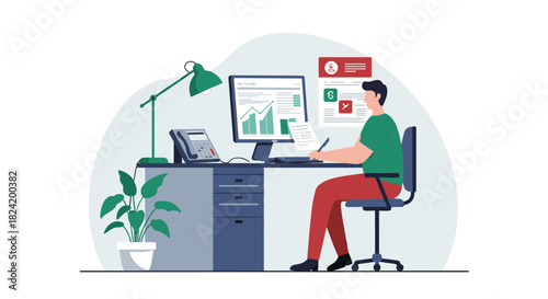 Professional workspace with data analysis on computer screens