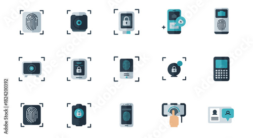Digital security icons: biometric authentication and data protection technology