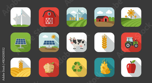 Flat farm and renewable energy icons: agriculture, solar panels, windmills, and sustainability