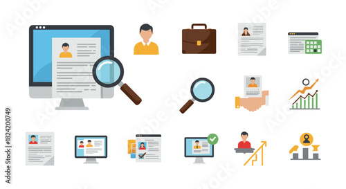 Flat style icons for recruitment and human resources management