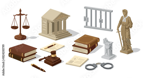 Isometric legal elements set with scales of justice, courthouse, books, gavel, and statue