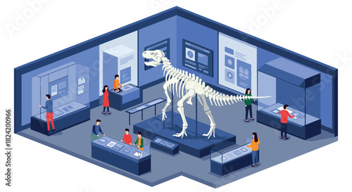 Isometric museum exhibit with dinosaur skeleton and interacting visitors