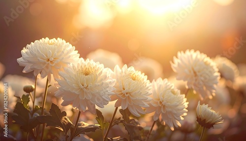 Fototapeta Naklejka Na Ścianę i Meble -  Sunny meadow of white chrysanthemums, bathed in golden light, creating a warm and serene atmosphere