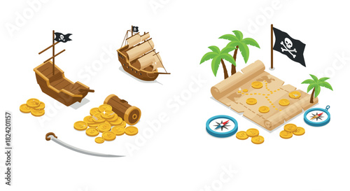 Pirate adventure with treasure map and ship in isometric design