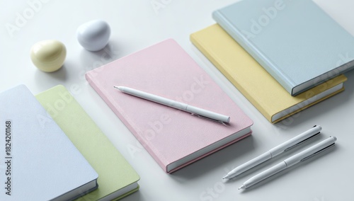 Wallpaper Mural Pastel-colored notebooks and eggs on a white surface Torontodigital.ca