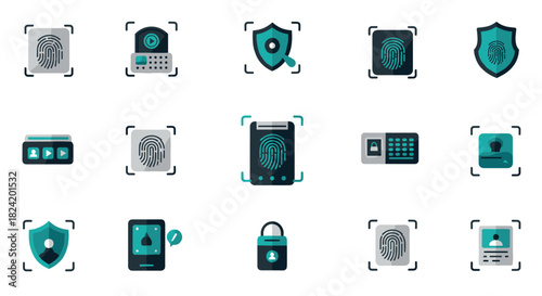 Modern biometric identification icons set featuring fingerprint security and digital locks