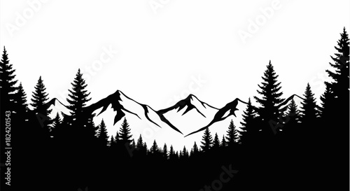 Mountain landscape silhouette with pine trees
