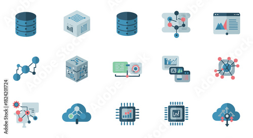 Isometric technology icons for data science and networking applications