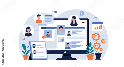 Remote team collaboration concept with flat design elements