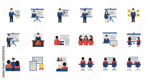 Business presentation and training icons: professional flat style collection for corporate use