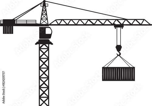 Dynamic black silhouette illustration of a towering construction crane actively hoisting a cargo container, representing global trade and modern industrial development
