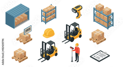 Warehouse equipment and logistics icons in isometric style for modern inventory management