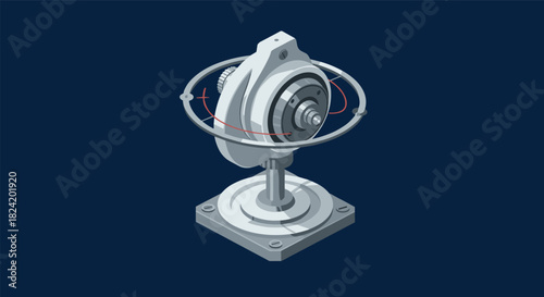 Isometric gyroscope diagram on dark blue background
