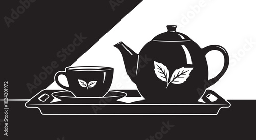 Monochrome graphic illustration of a morning tea set with a teapot and cup featuring a leaf design on a tray