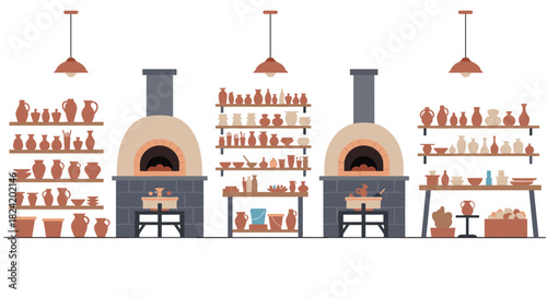 Rustic pottery workshop design with clay vases and kilns