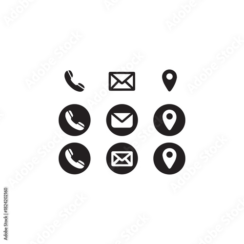 black Flat contact and communication icon set in outline, circular, and filled styles. Set of contact us icons for web and website.