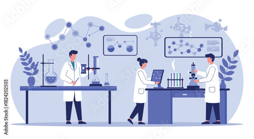 Modern scientific laboratory with researchers conducting experiments in flat design style